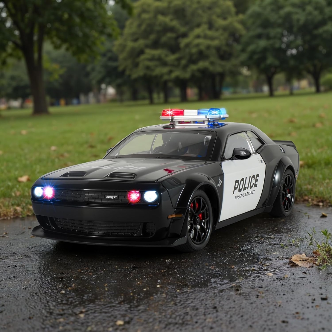Метална кола с отварящи се врати капаци светлини и звуци Dodge Challenger Police - 1:24