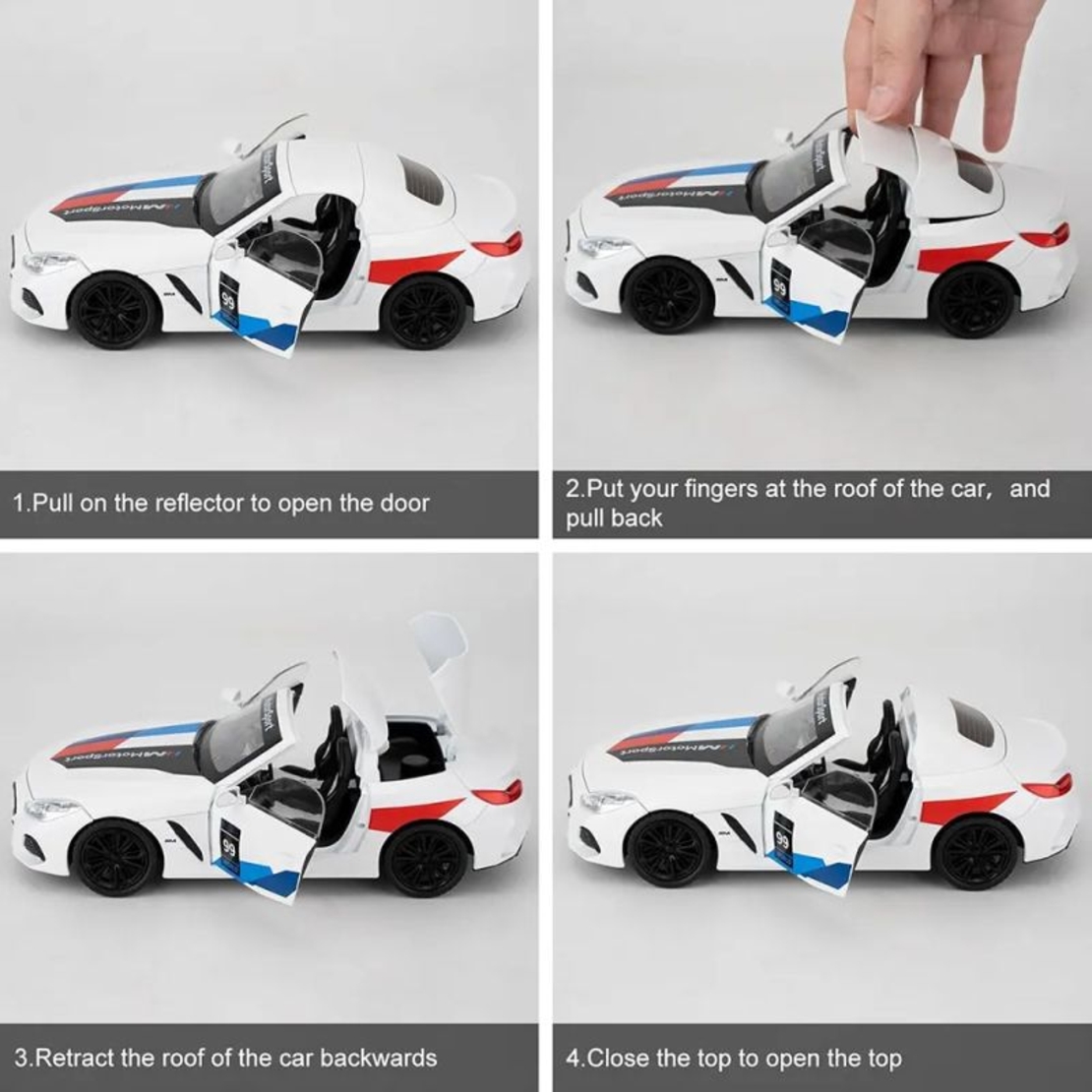 Метална кола с отварящи се врати и капаци светлини и звуци BMW Z4 M40i Motorsport 1:24
