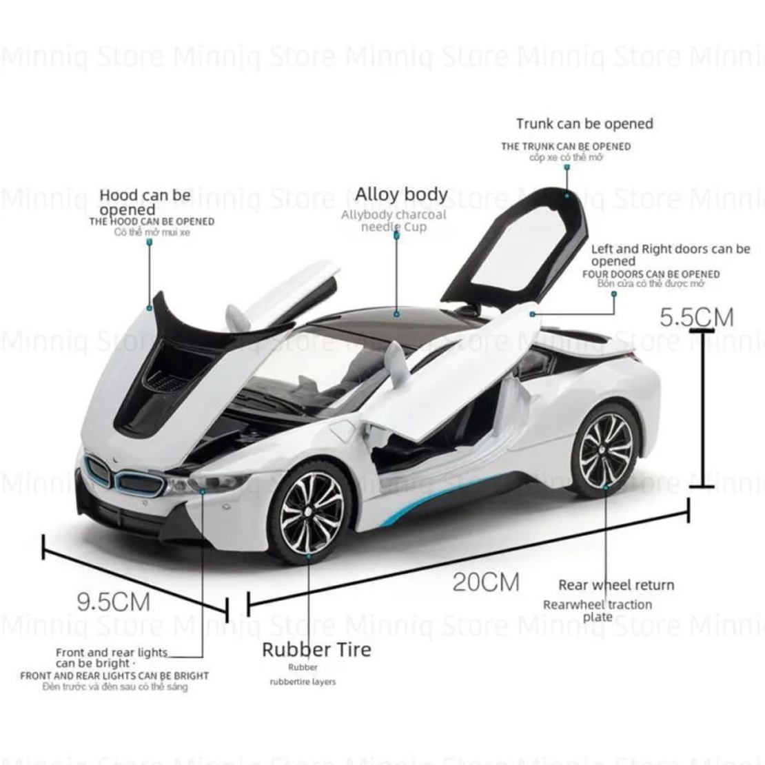 Метална кола с отварящи се врати и капаци светлини и звуци BMW i8 1:24