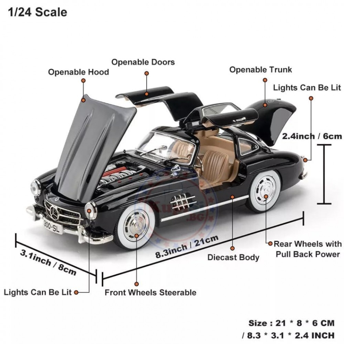 Метална кола с отварящи се врати светлини и звуци Mercedes 300 SL 1:24