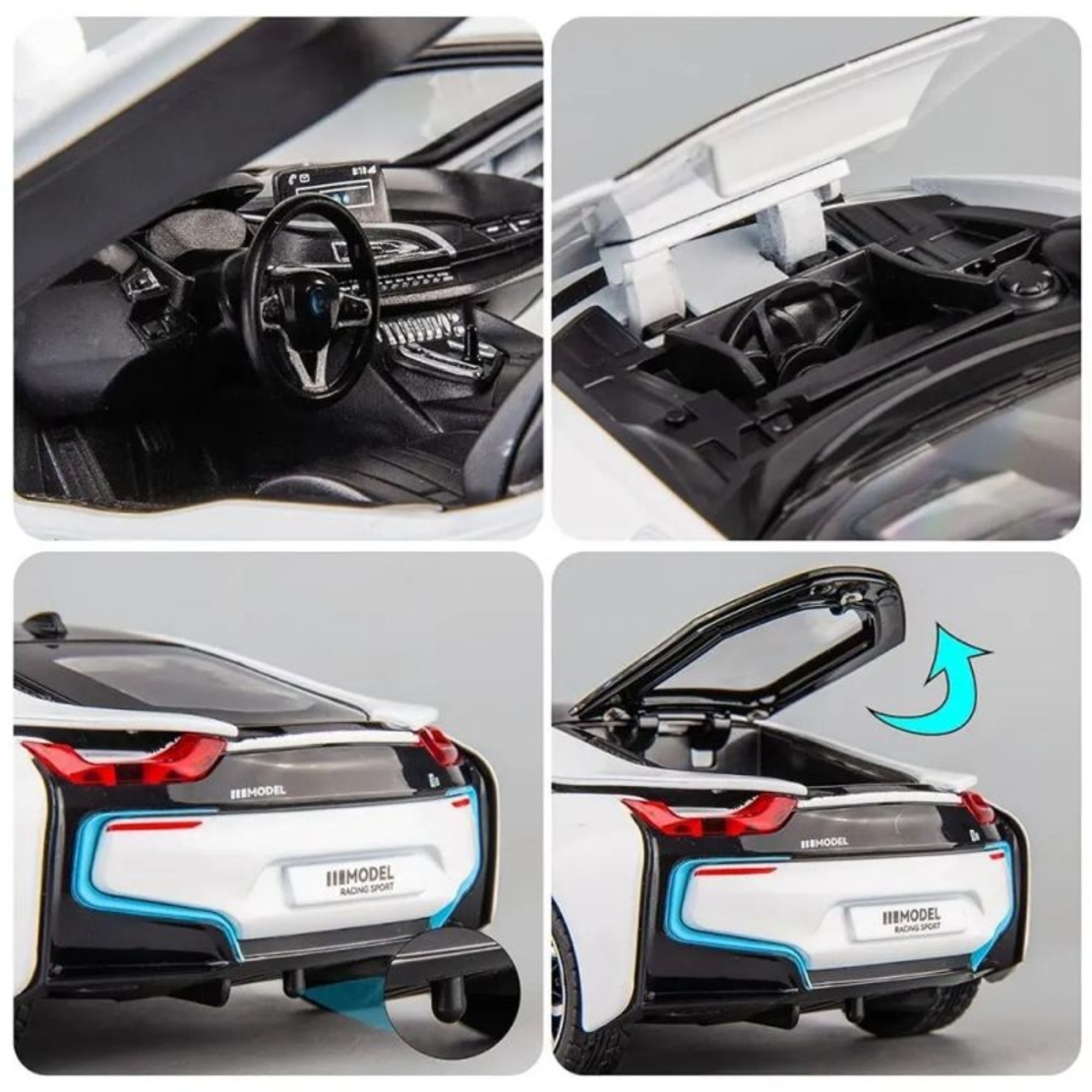 Метална кола с отварящи се врати и капаци светлини и звуци BMW i8 1:24