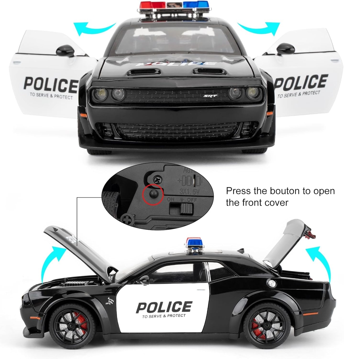 Метална кола с отварящи се врати капаци светлини и звуци Dodge Challenger Police - 1:24