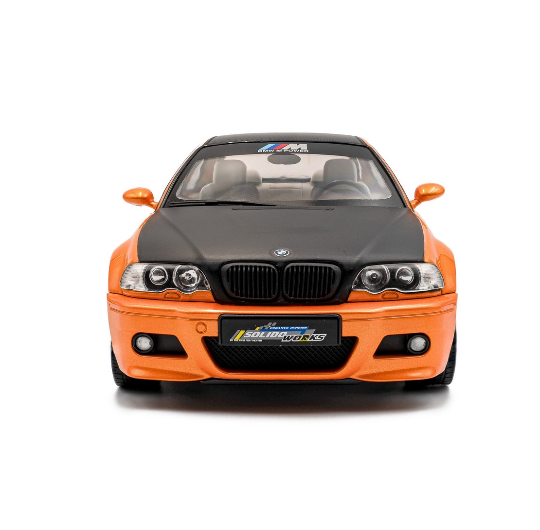 Метална кола BMW E46 M3 COUPE WORKS 2000 ORANGE SOLIDO 1:18