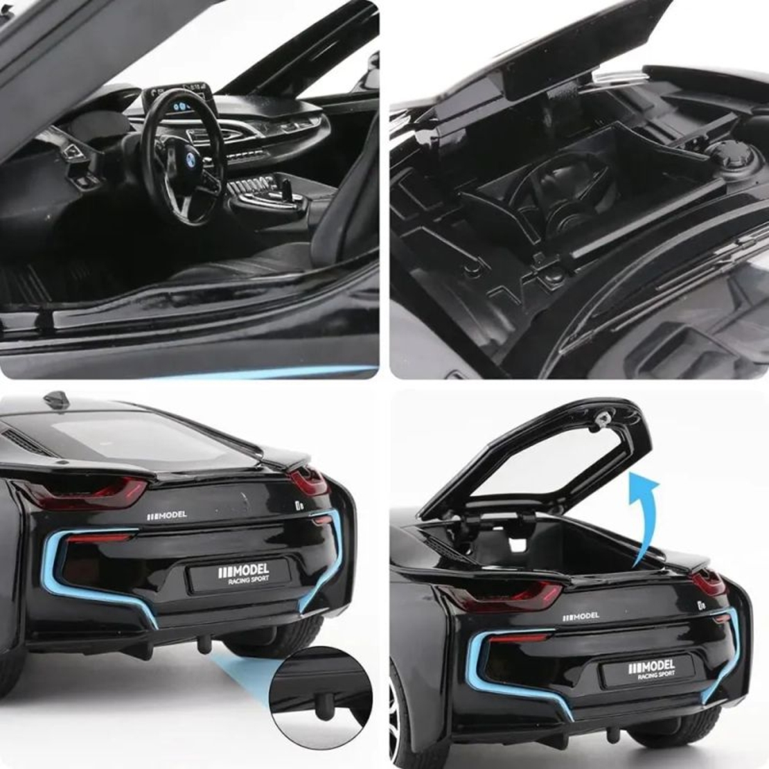 Метална кола с отварящи се врати и капаци светлини и звуци BMW i8 1:24