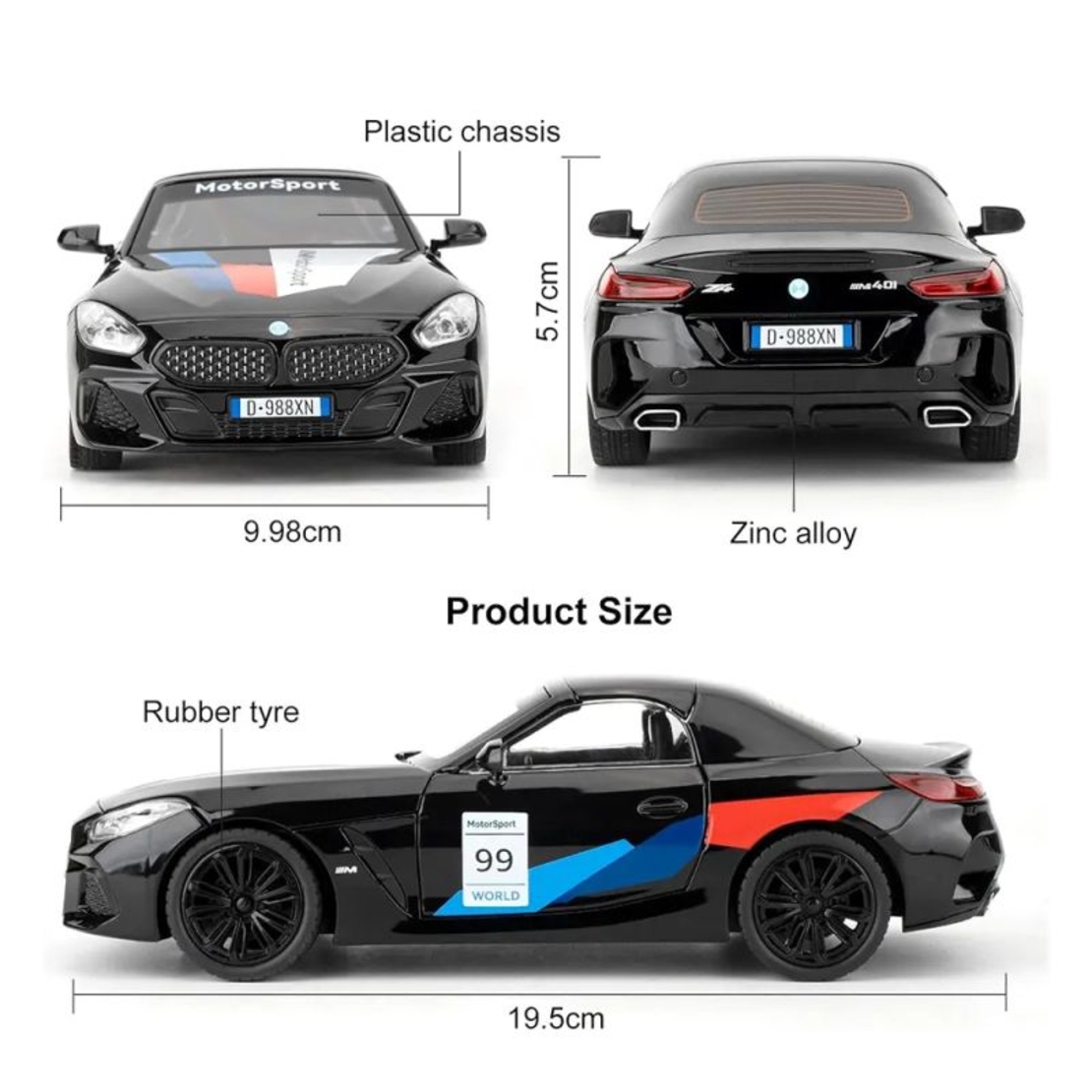 Метална кола с отварящи се врати и капаци светлини и звуци BMW Z4 M40i Motorsport 1:24