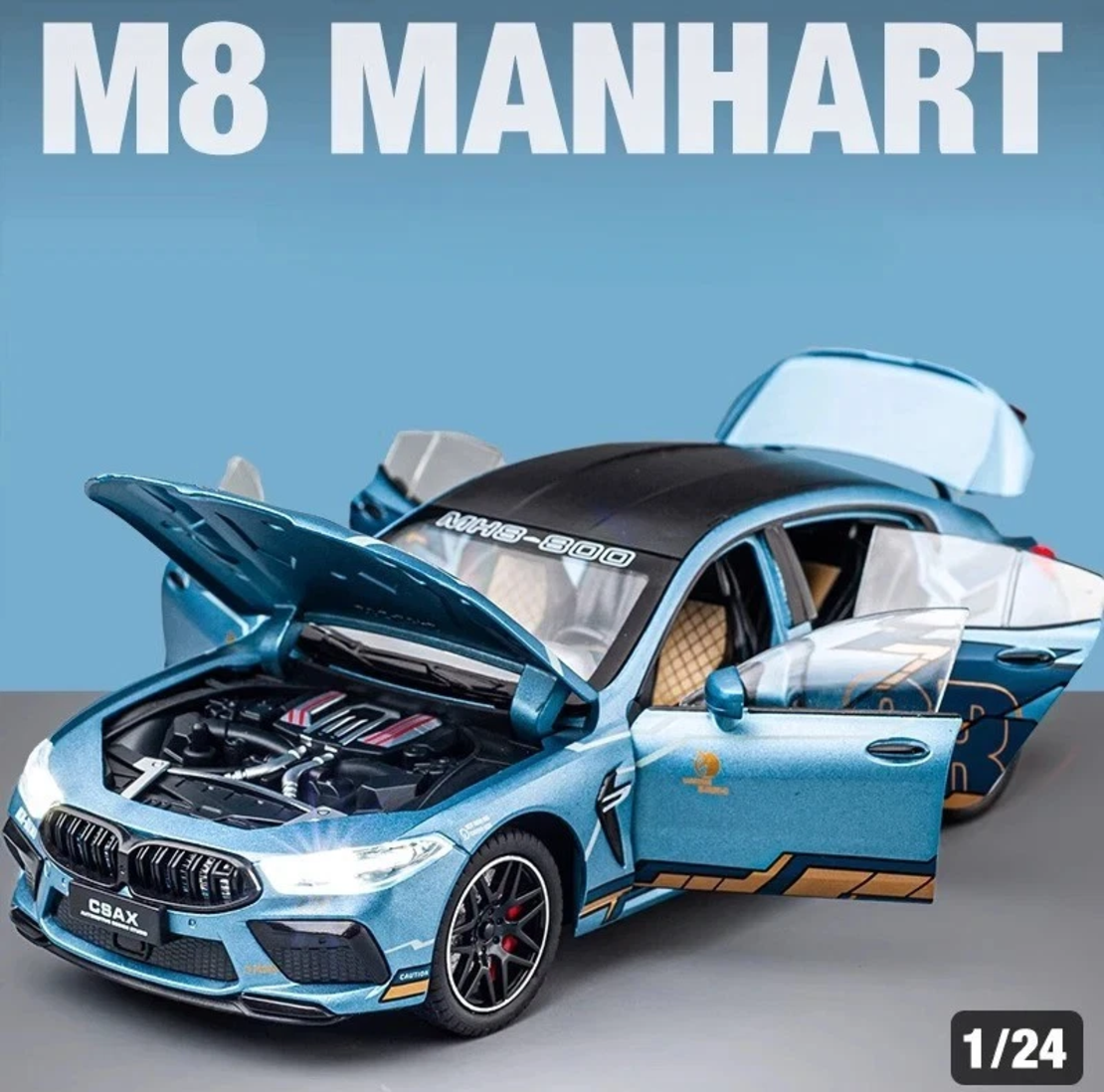 Метална кола с отварящи се врати капаци светлини и звуци BMW M8 MANHART 1:24