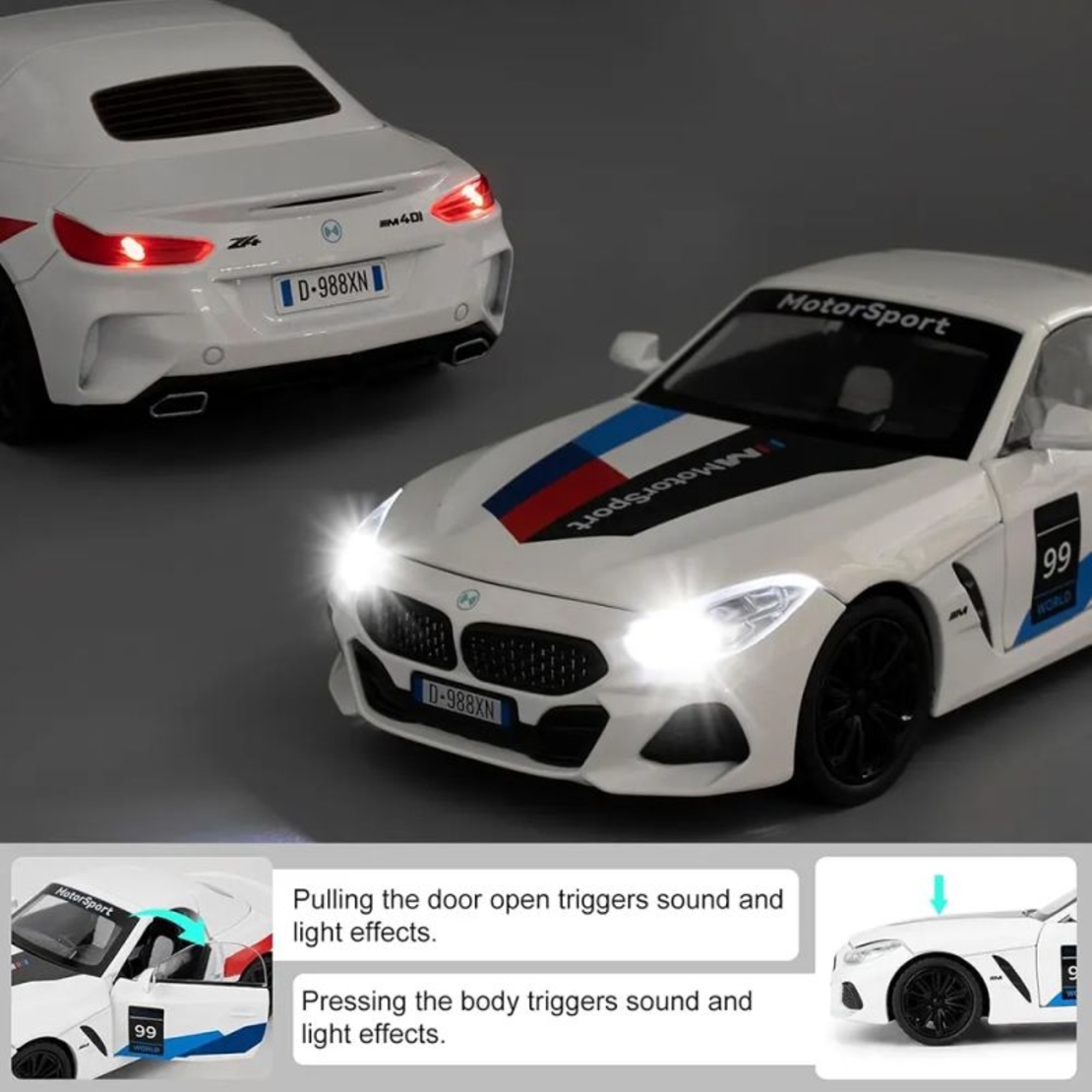 Метална кола с отварящи се врати и капаци светлини и звуци BMW Z4 M40i Motorsport 1:24