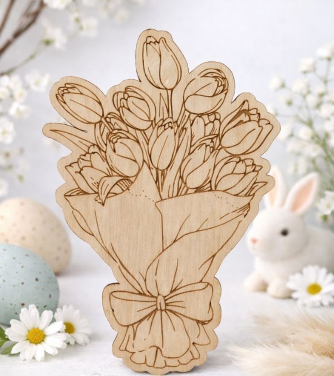 Дървен букет цветя за оцветяване – подарък за деца | картичка от шперплат