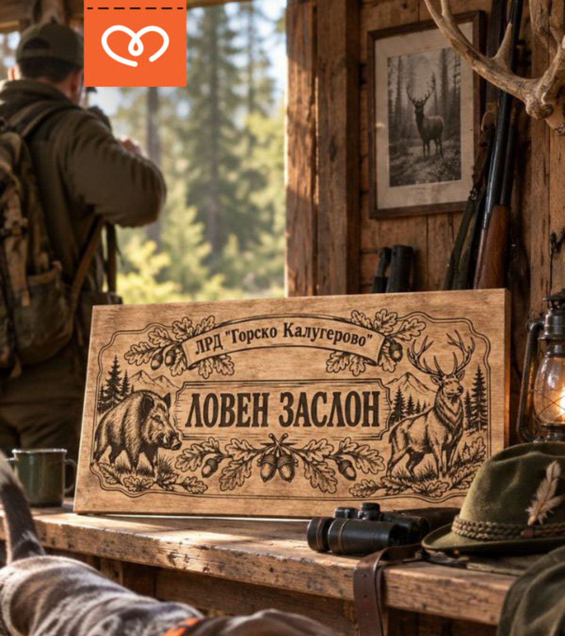 Персонализирана дървена табела за ловен заслон – ловна дружинка и ловен клуб
