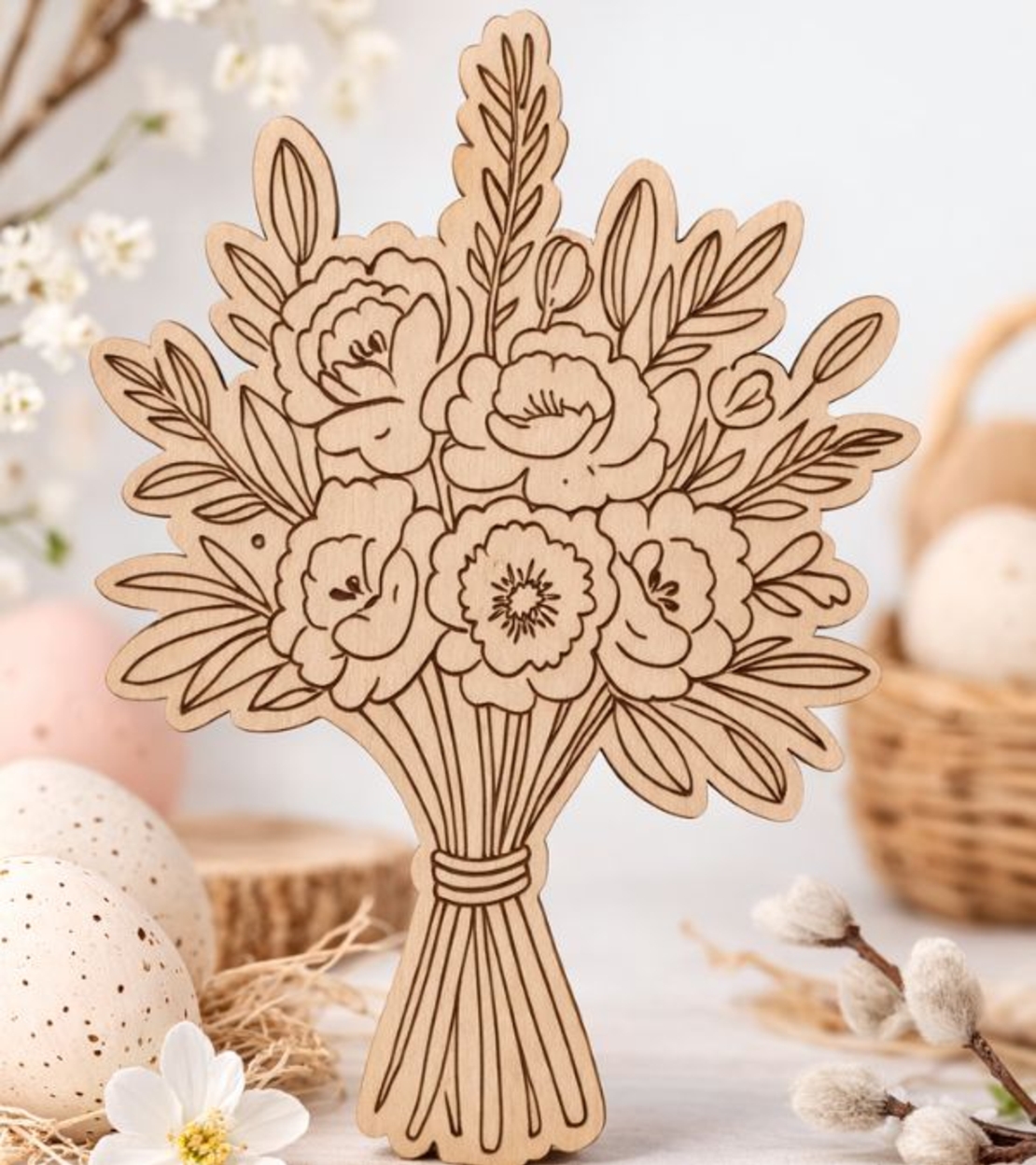 Дървен букет цветя за оцветяване – подарък за деца | картичка от шперплат