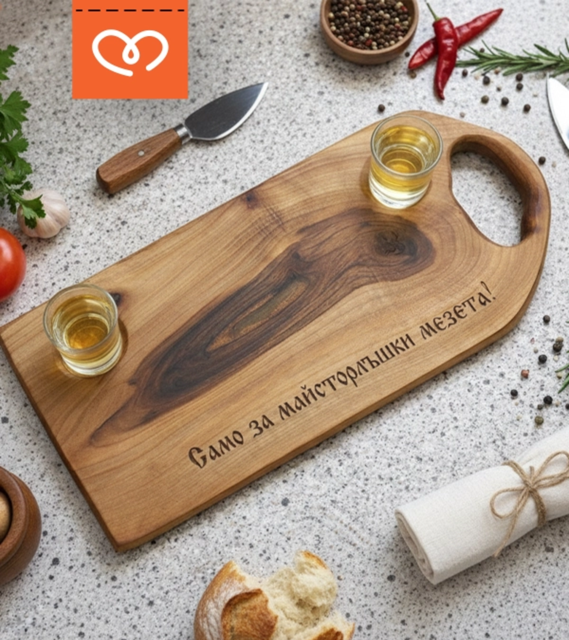 Орехова дъска „Само за майсторлъшки мезета“ с две чашки, подарък за мъж