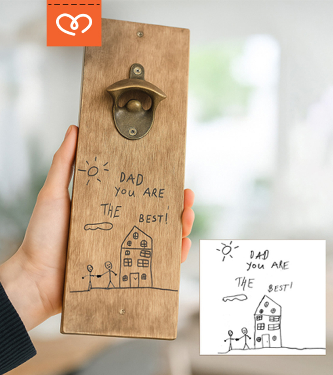 Дървена Отварачка | Подарък Рисунката на детето ви гравирана върху дърво