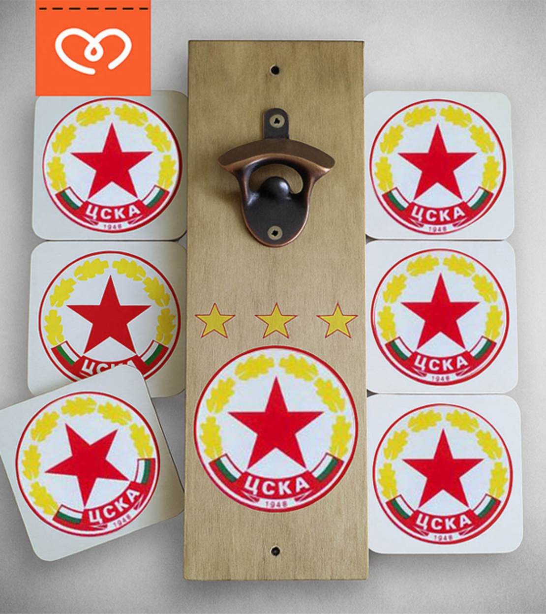 Подарък за ЦСКА Фен Сет Дървена Отварачка с Лого на Любим Отбор с Поставки за Бира