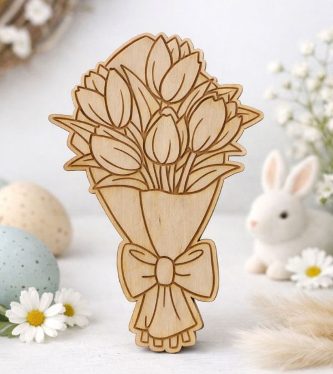 Дървен букет цветя за оцветяване – подарък за деца | картичка от шперплат