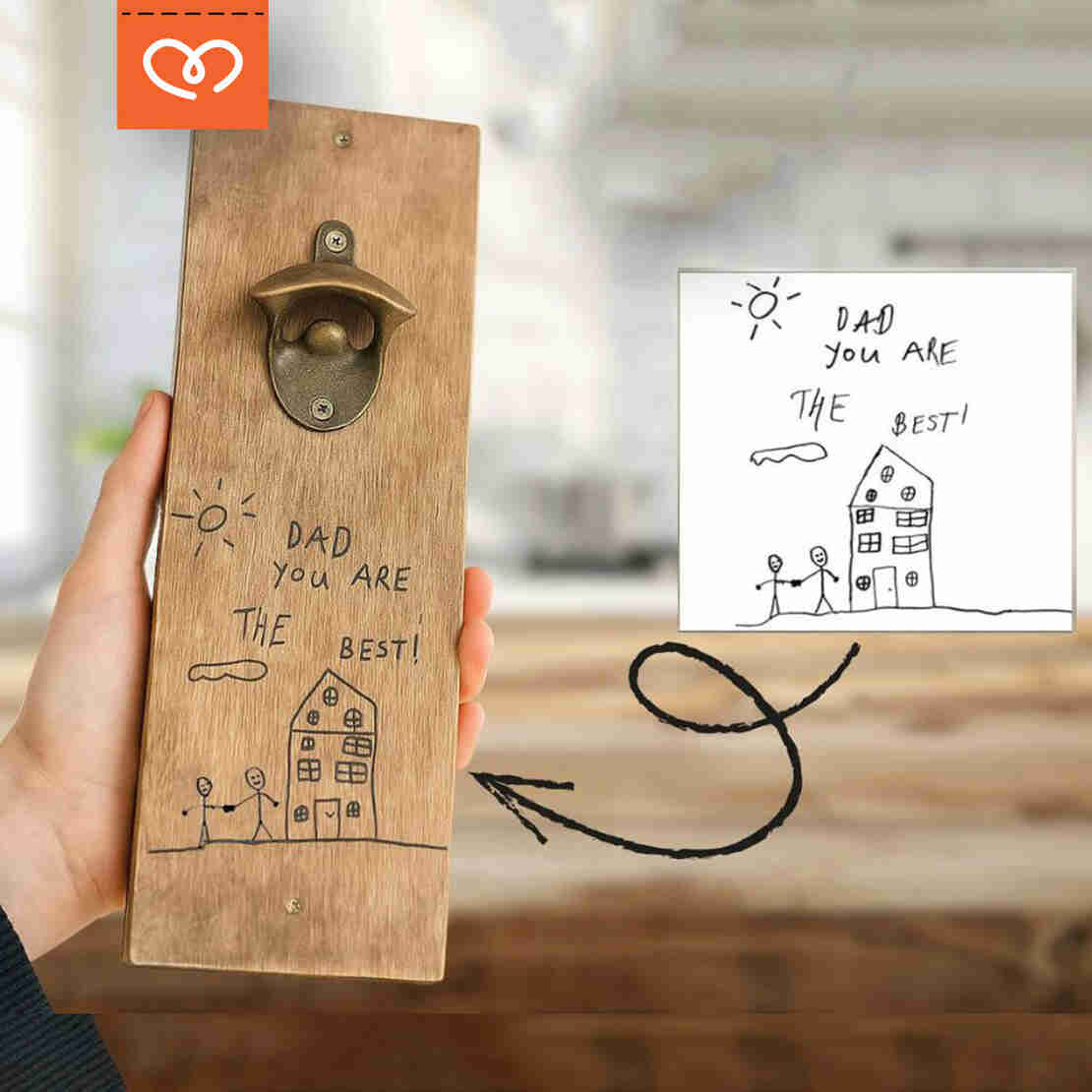 Дървена Отварачка | Подарък Рисунката на детето ви гравирана върху дърво