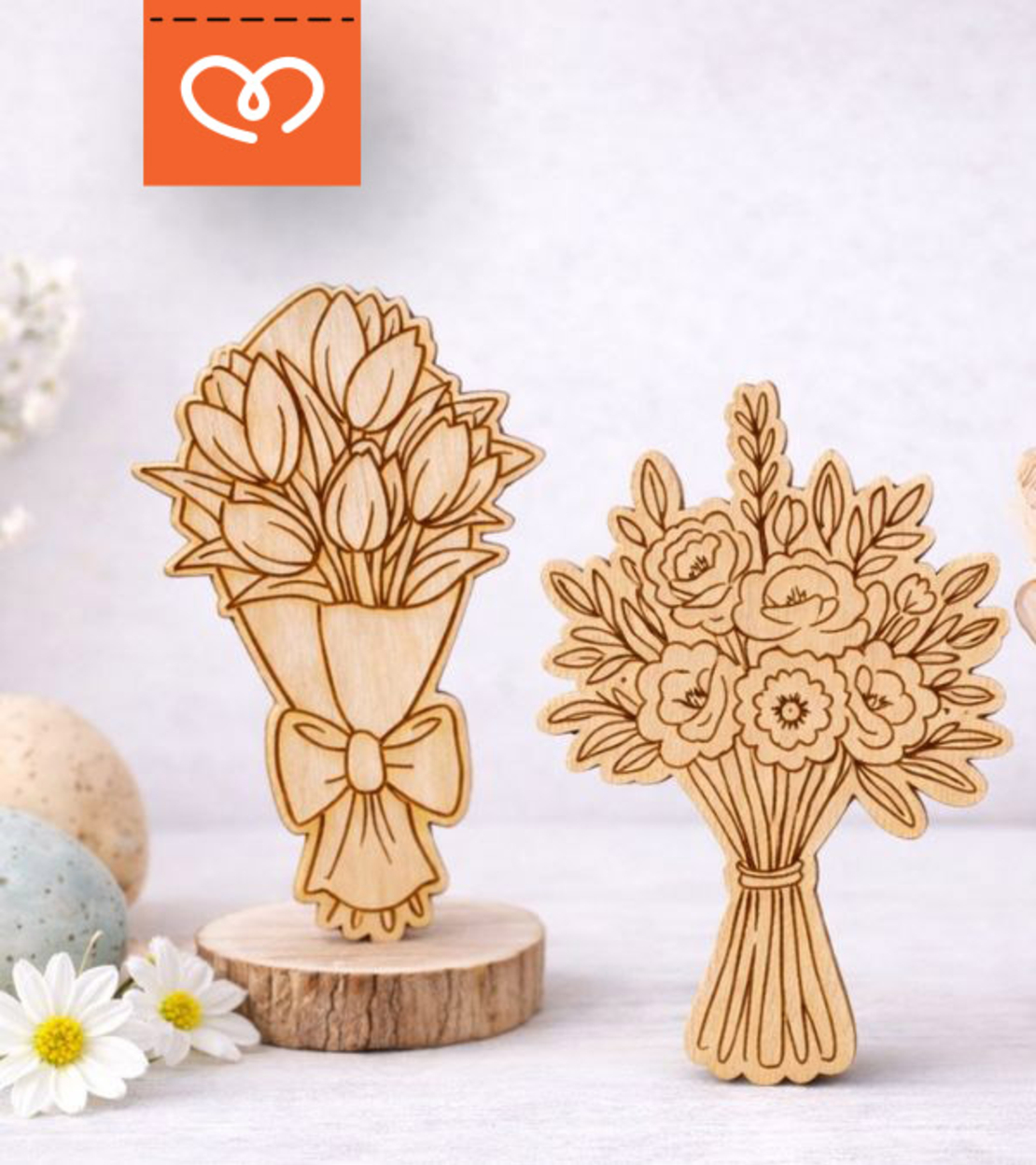 Дървен букет цветя за оцветяване – подарък за деца | картичка от шперплат