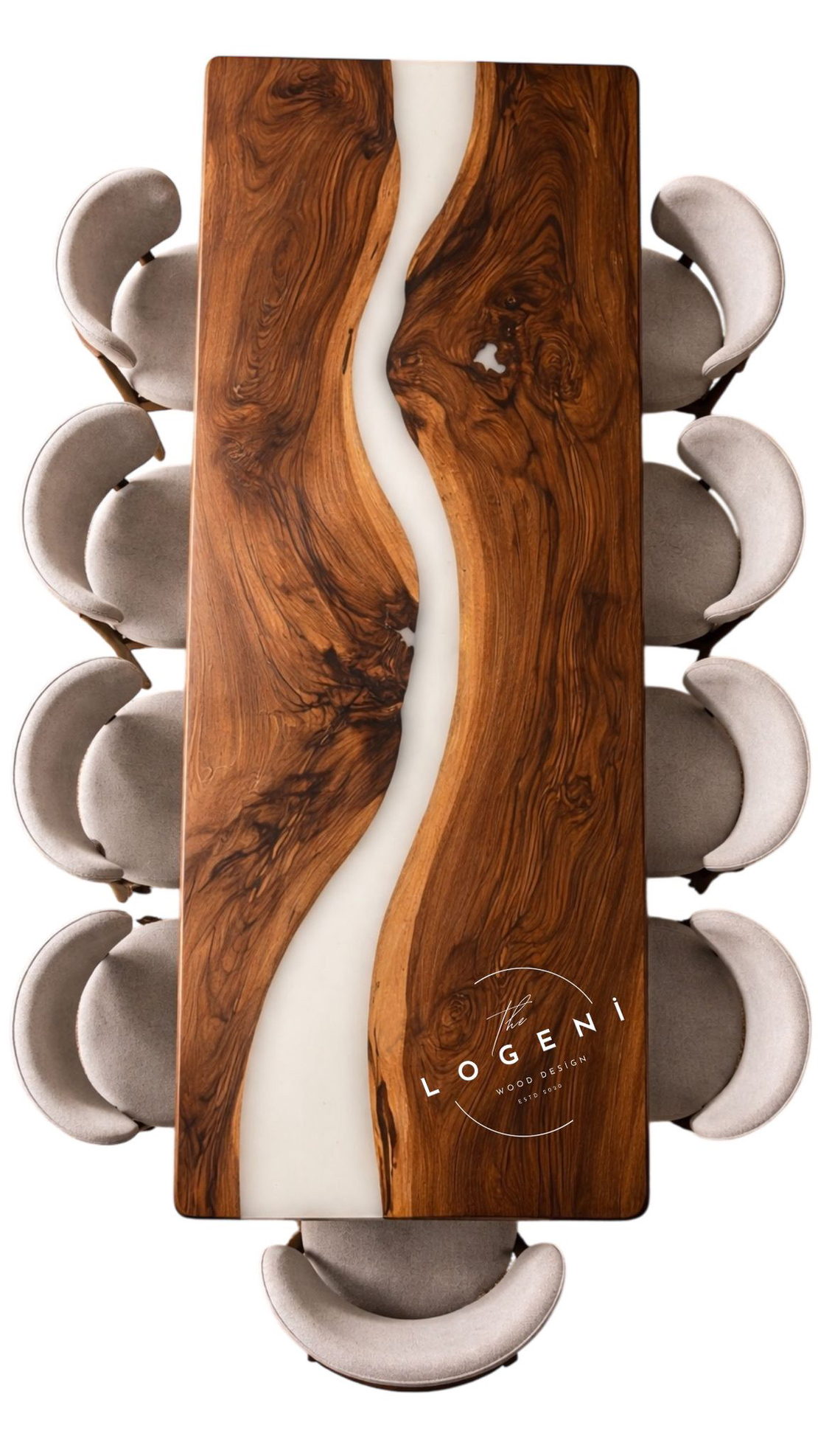 Епоксидна трапезна маса от масивен орех – млечно бял речен ефект