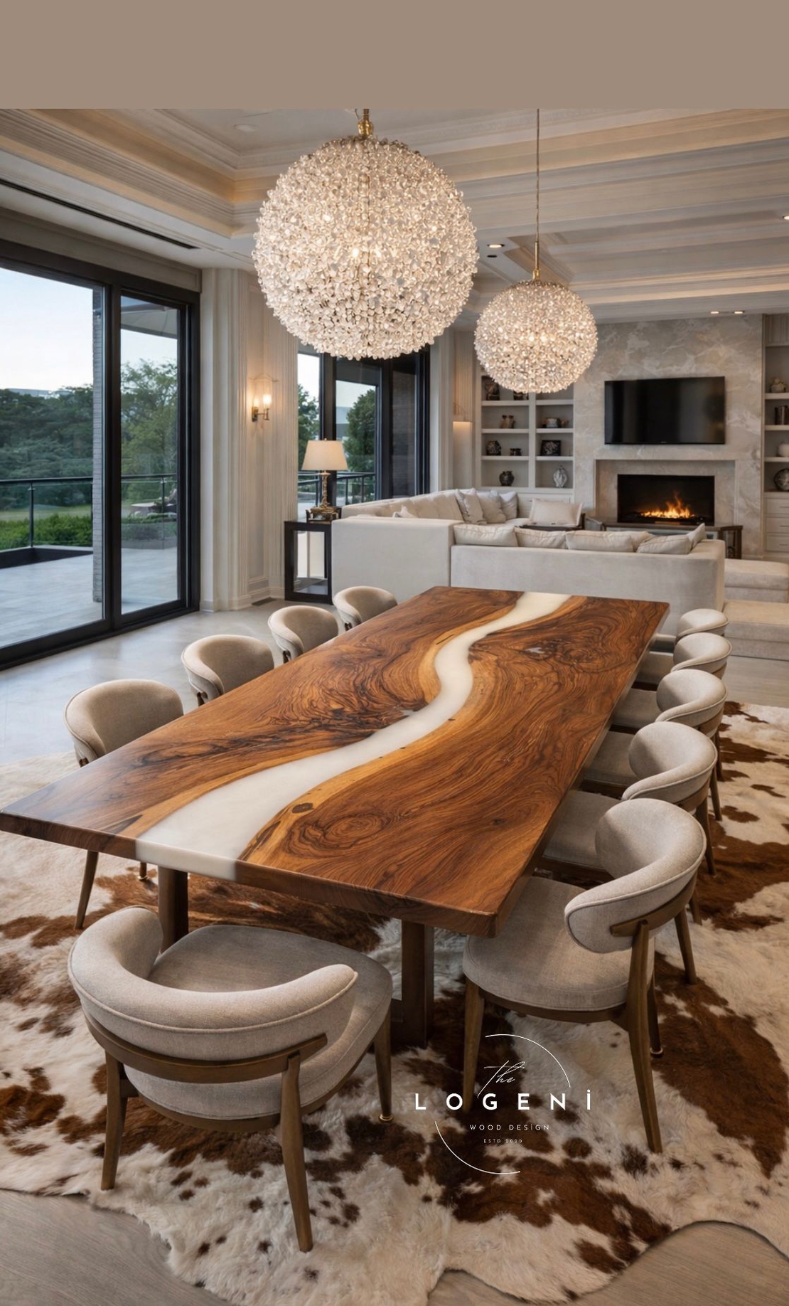 Епоксидна трапезна маса от масивен орех – млечно бял речен ефект