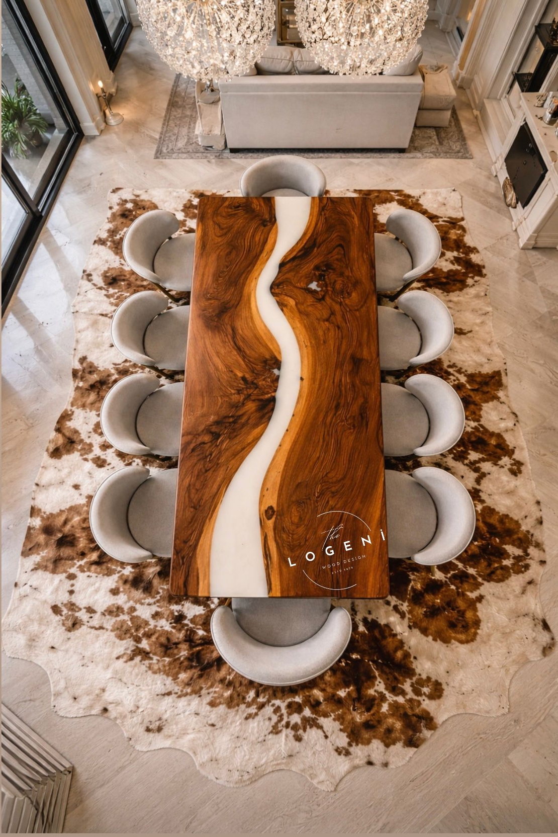 Епоксидна трапезна маса от масивен орех – млечно бял речен ефект