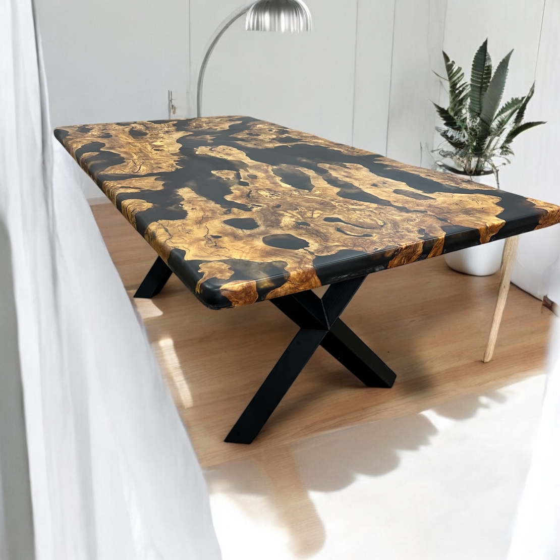 Дизайнерска маса от масивно зехтиново дърво с епоксидна смола и черен пигмент – LogeniWood