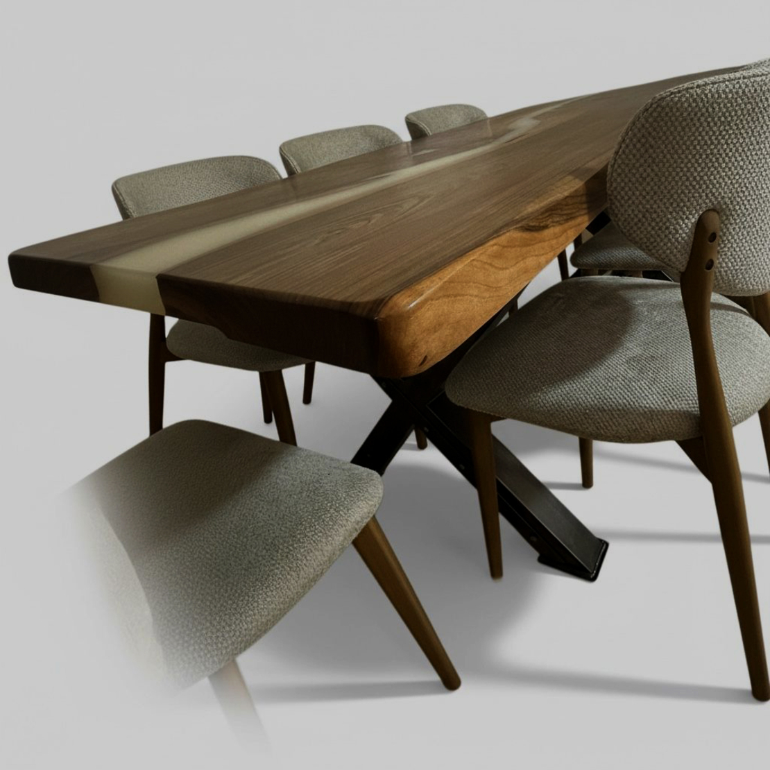 Епоксидна трапезна маса от масивен орех – млечно бял речен ефект