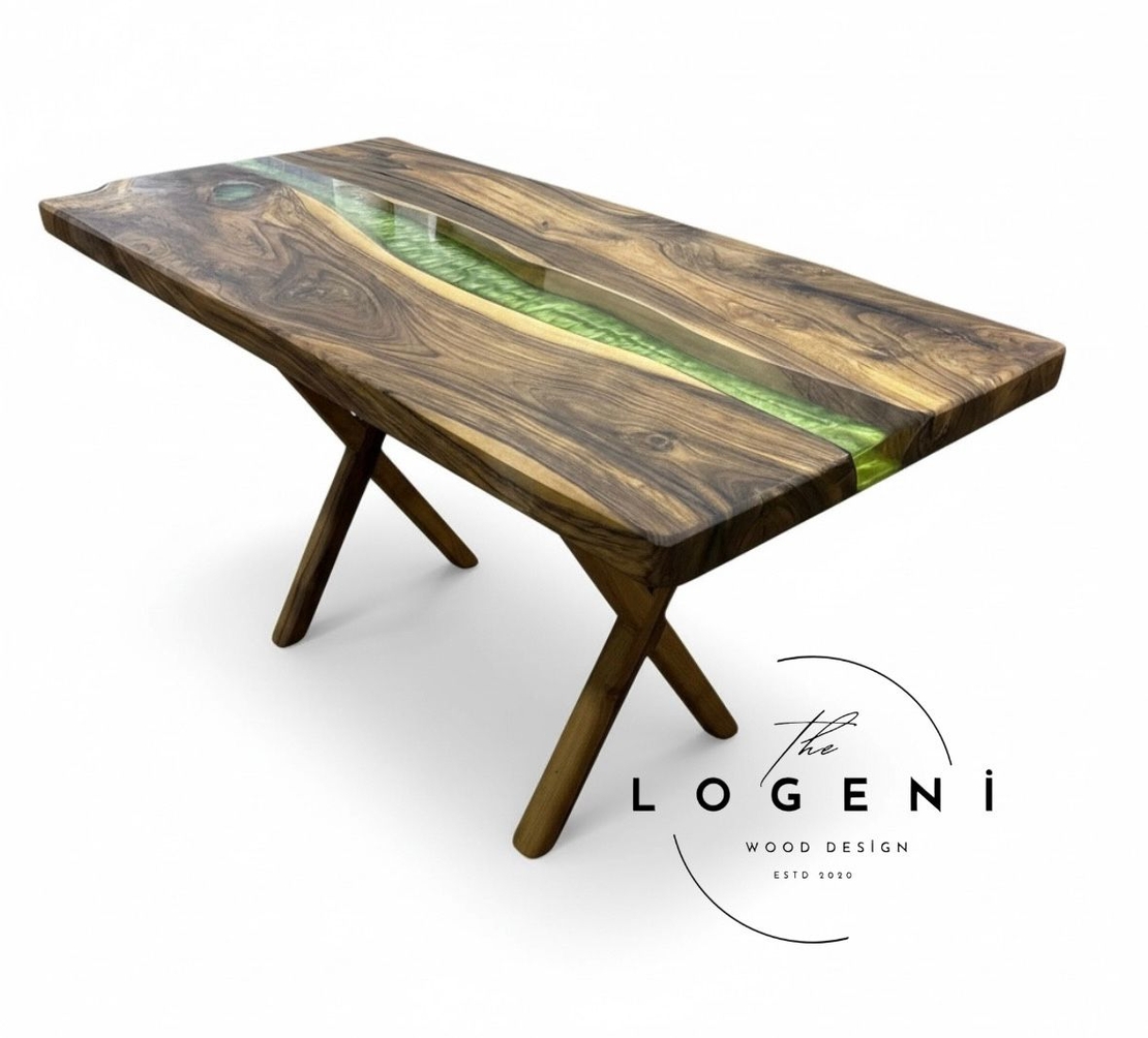 Дизайнерска маса от масивно дърво с епоксидна смола – Green River | LogeniWood