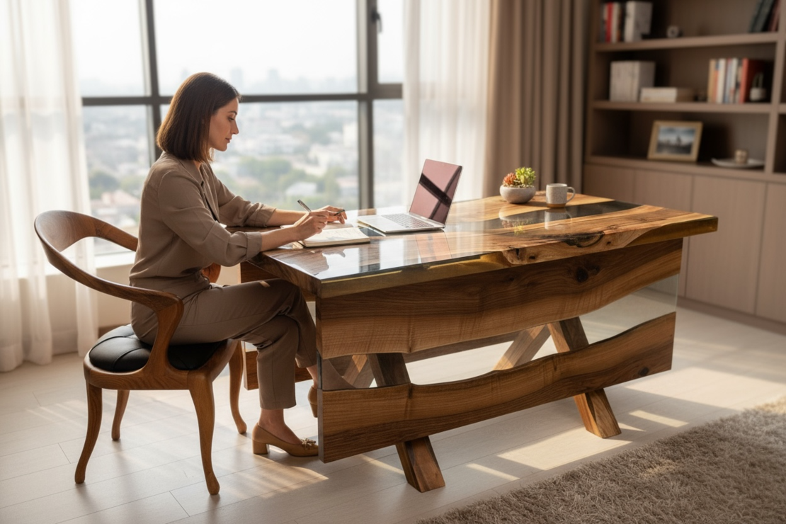 Премиум офис маса от орех и епоксидна смола – 160×80 см