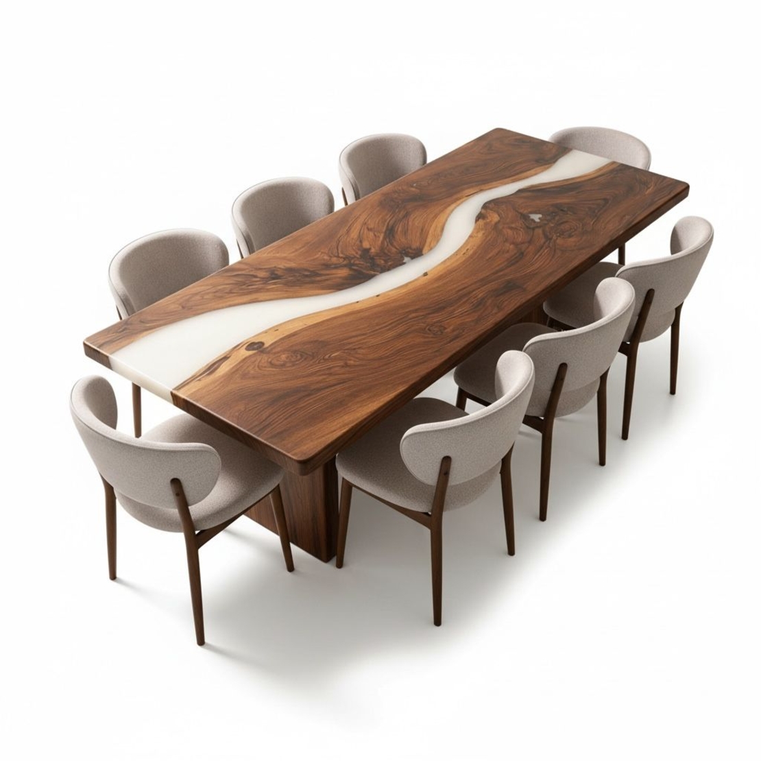 Епоксидна трапезна маса от масивен орех – млечно бял речен ефект