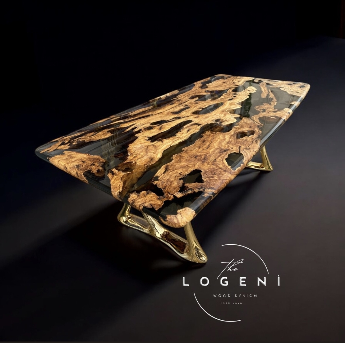 Дизайнерска епоксидна маса от маслиново дърво със златна основа