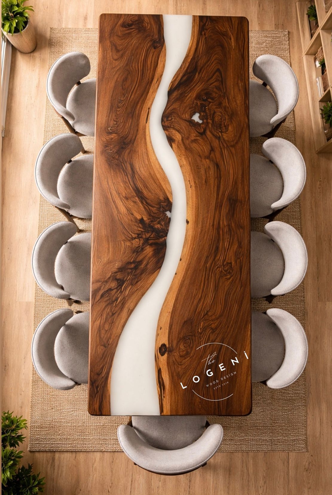 Епоксидна трапезна маса от масивен орех – млечно бял речен ефект