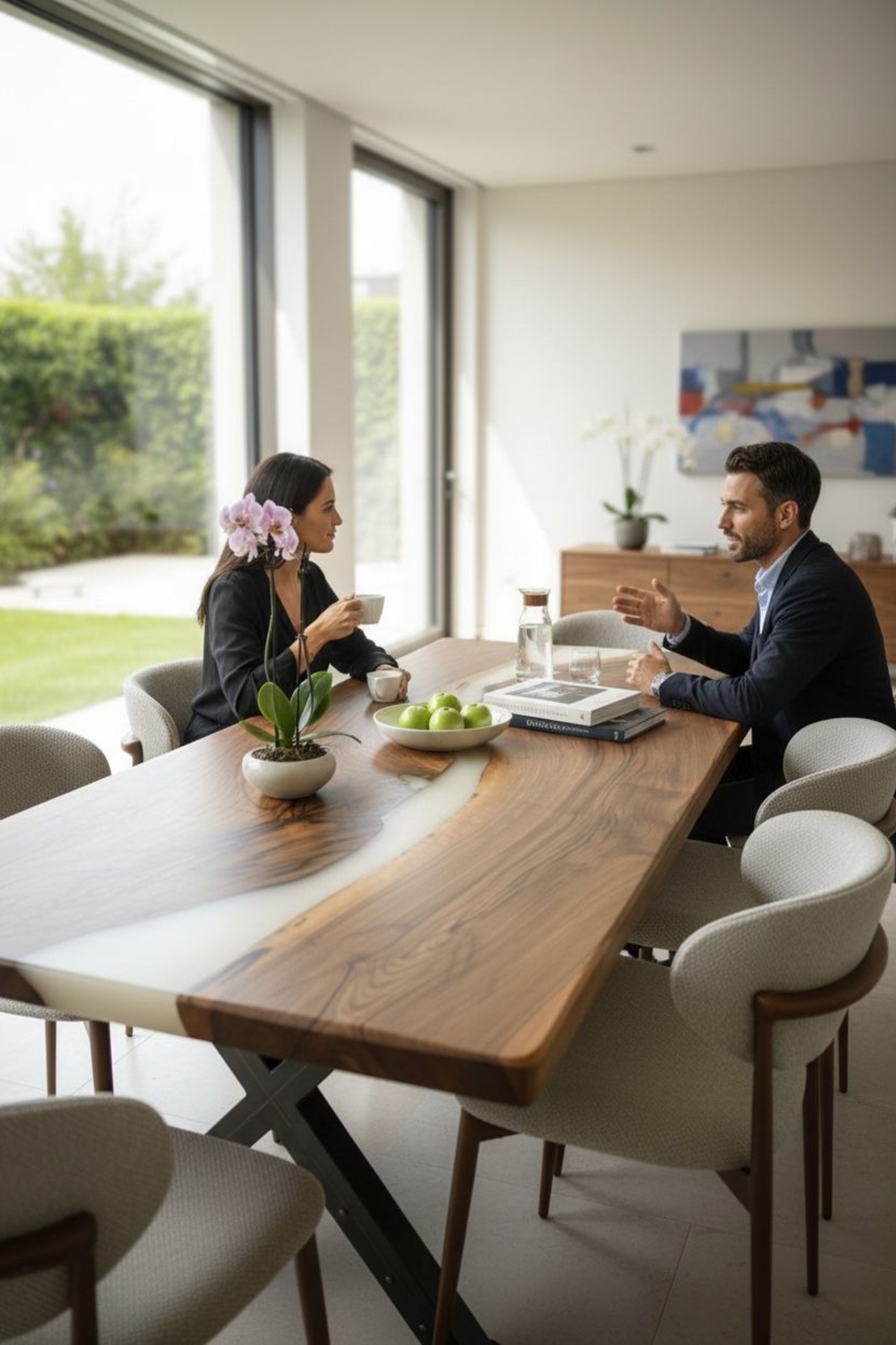 Епоксидна трапезна маса от масивен орех – млечно бял речен ефект