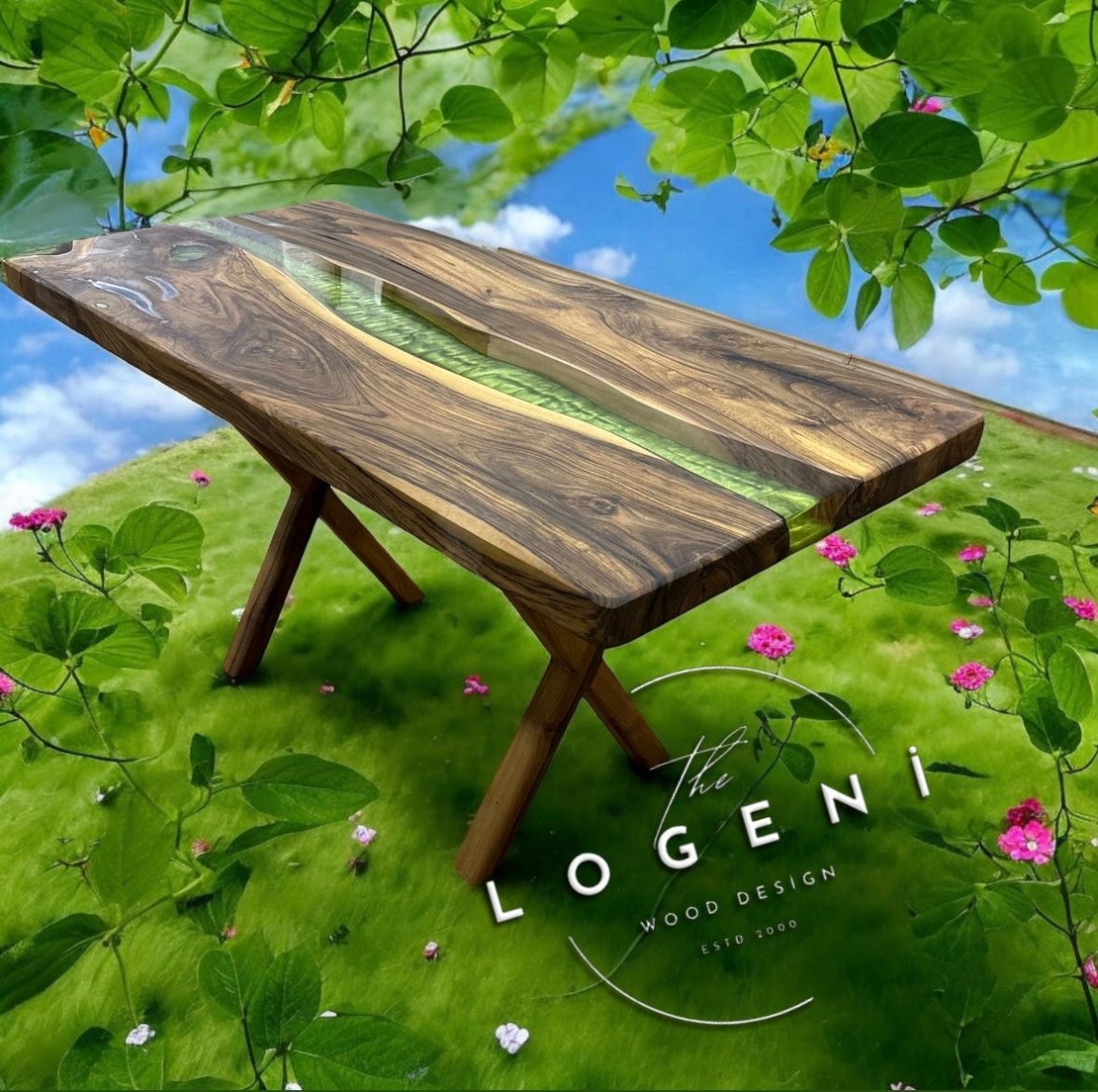 Дизайнерска маса от масивно дърво с епоксидна смола – Green River | LogeniWood