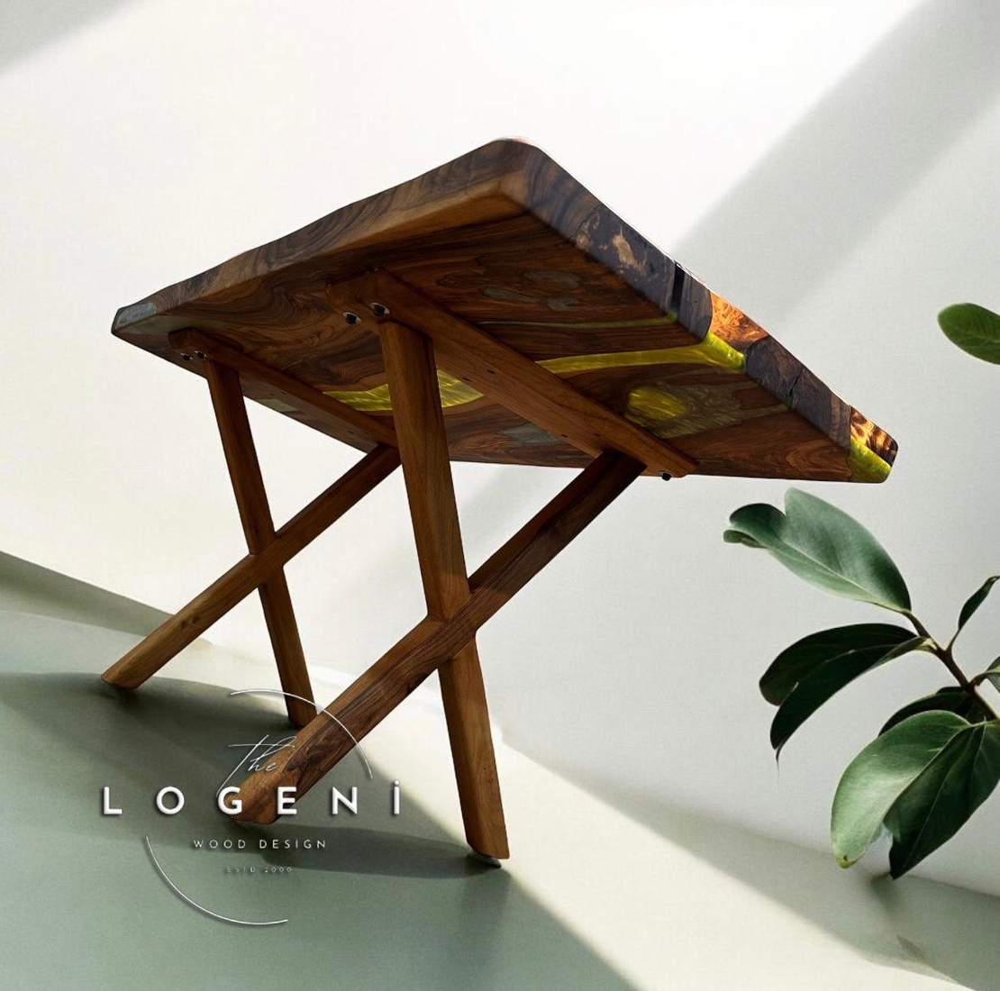 Дизайнерска маса от масивно дърво с епоксидна смола – Green River | LogeniWood