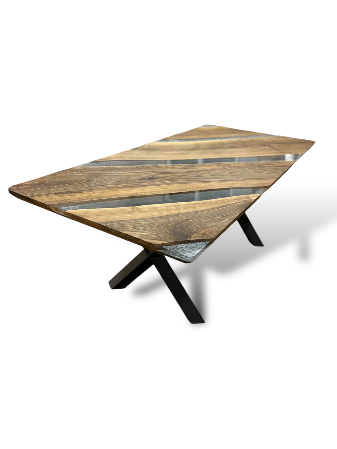 Ръчно изработена маса от масивно дърво с фюме-сребрист морски ефект и прозрачен епоксиден слой