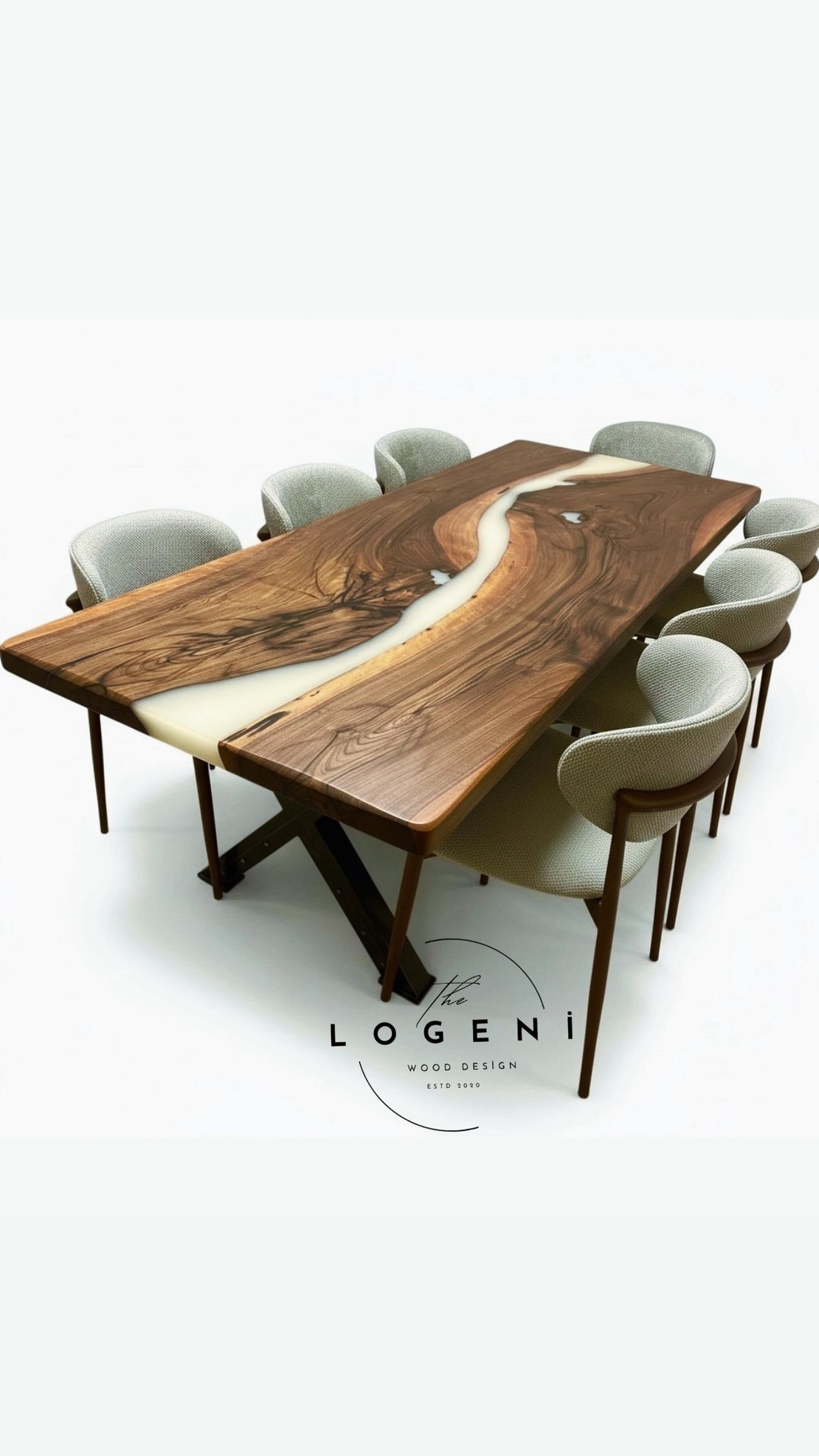 Епоксидна трапезна маса от масивен орех – млечно бял речен ефект