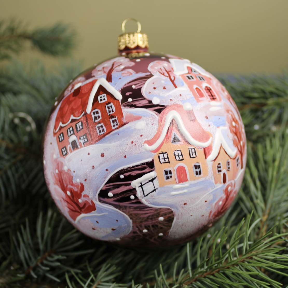 Стъклена коледна играчка Зимен пейзаж