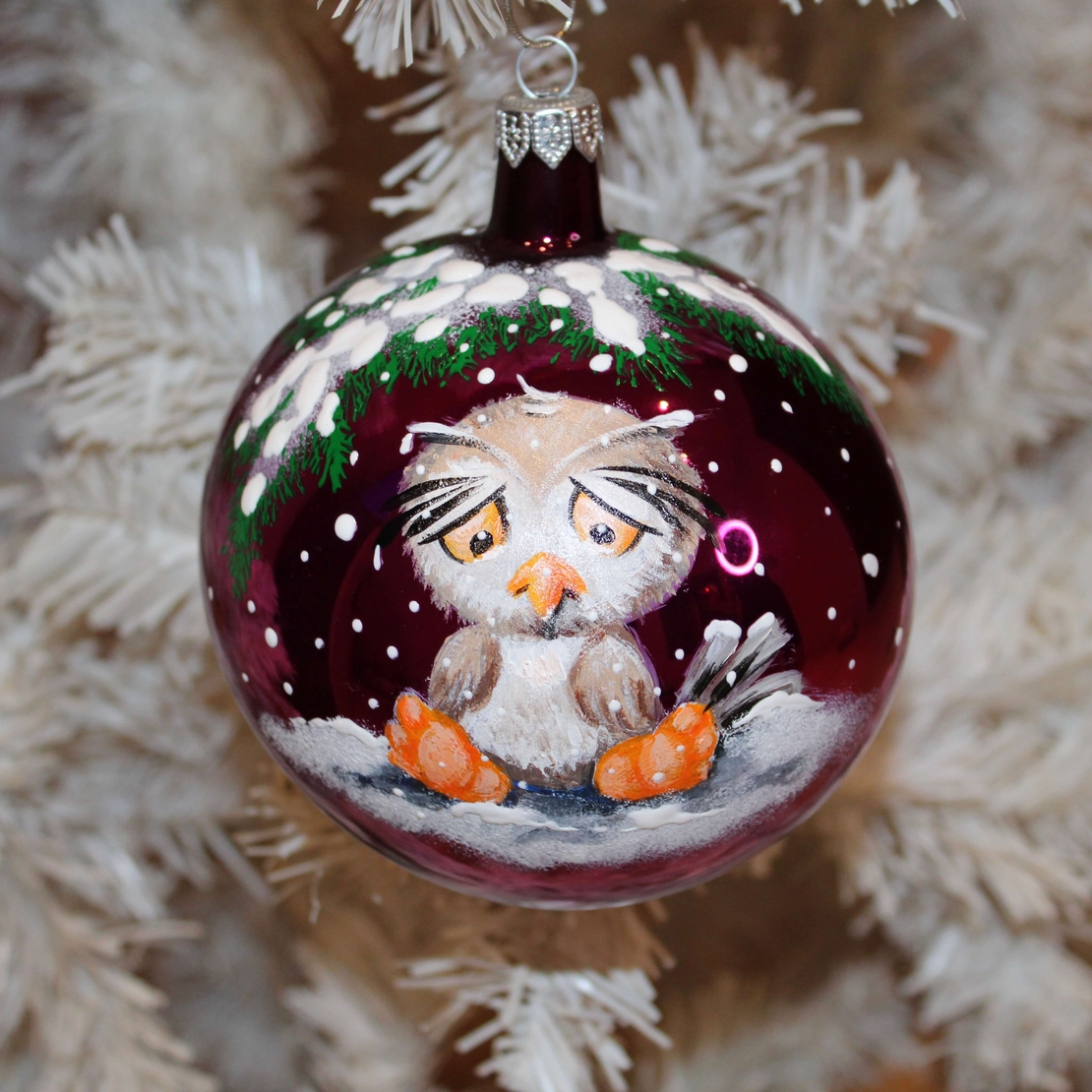 Стъклена коледна играчка - Бухалче