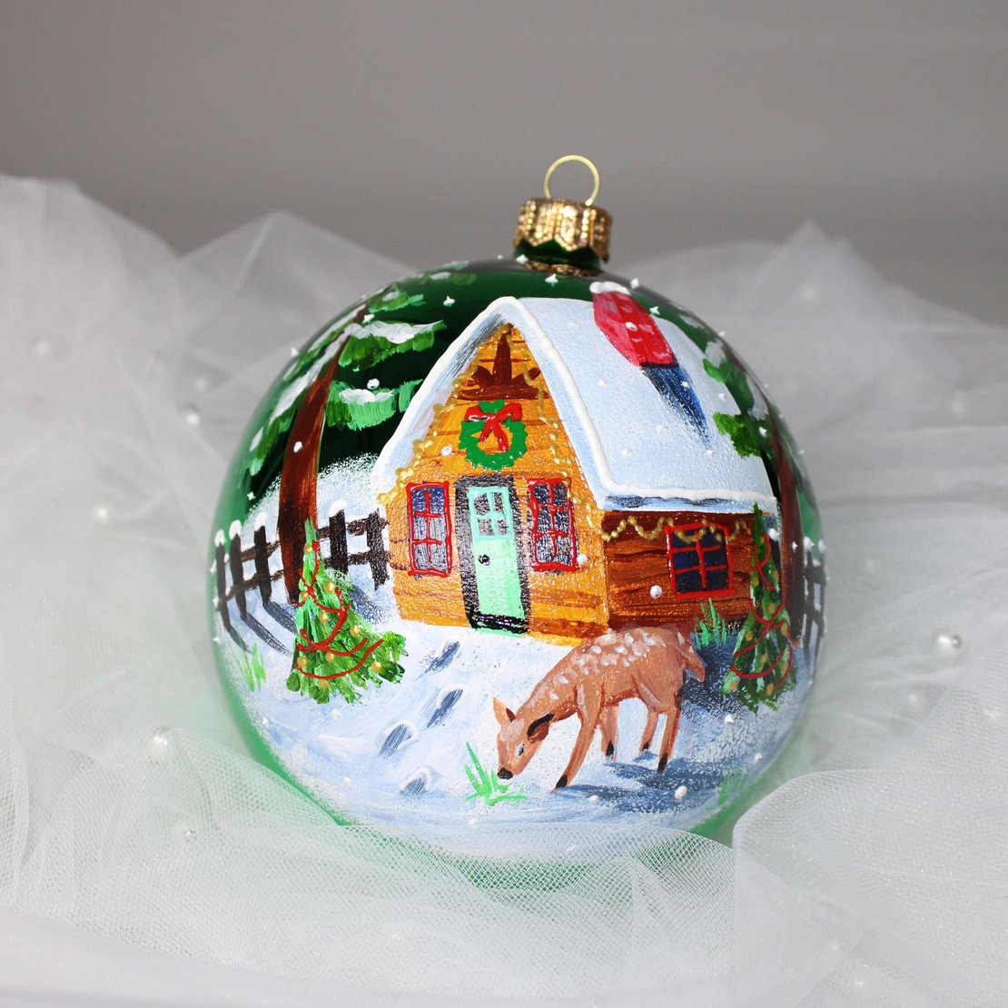 Стъклена коледна играчка - Зимен Пейзаж