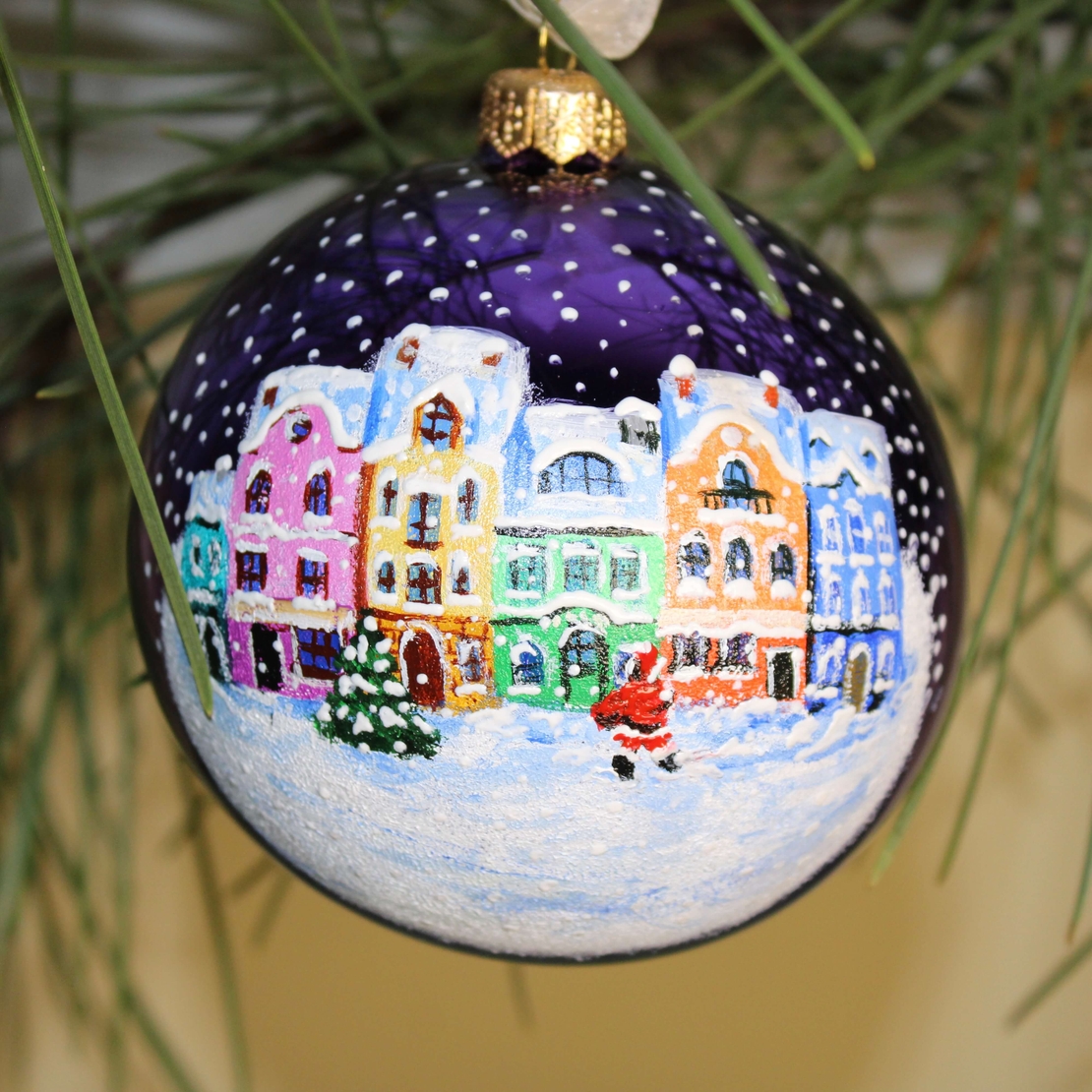 Стъклена коледна играчка Зимен пейзаж