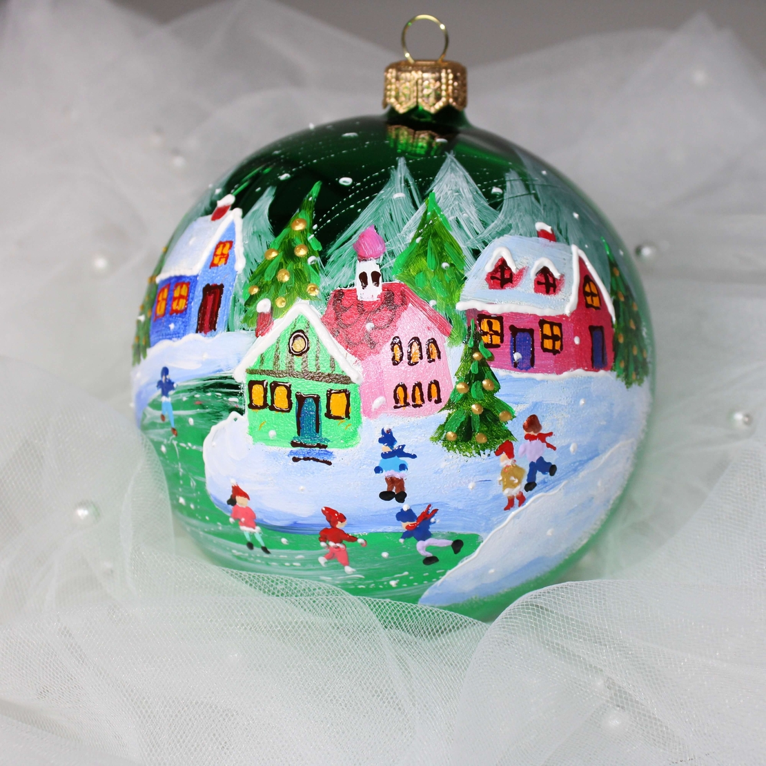 Стъклена коледна играчка - Зимен Пейзаж
