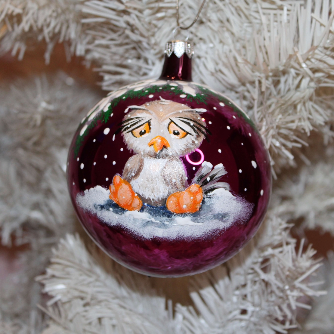 Стъклена коледна играчка - Бухалче