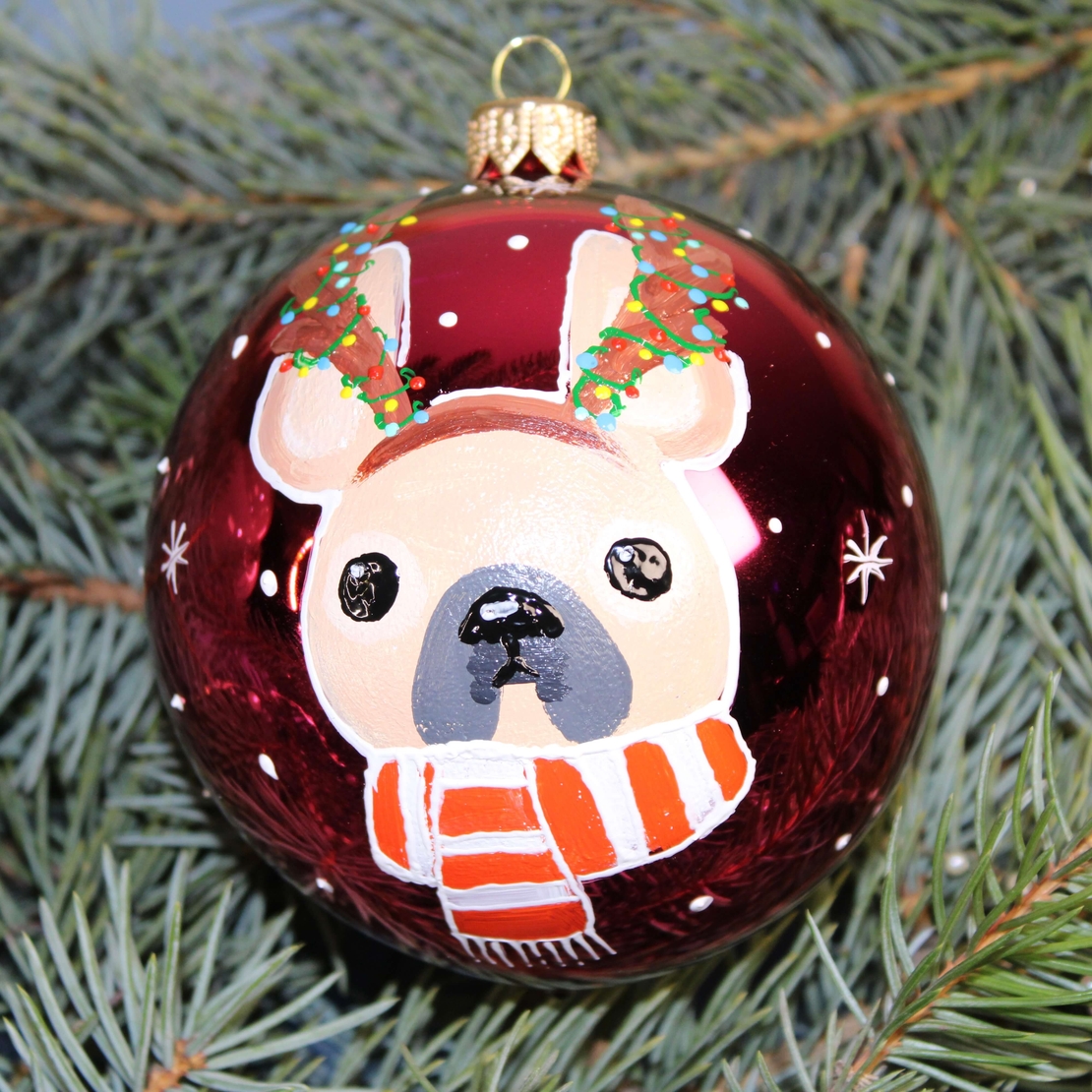 Стъклена коледна играчка - френски булдог