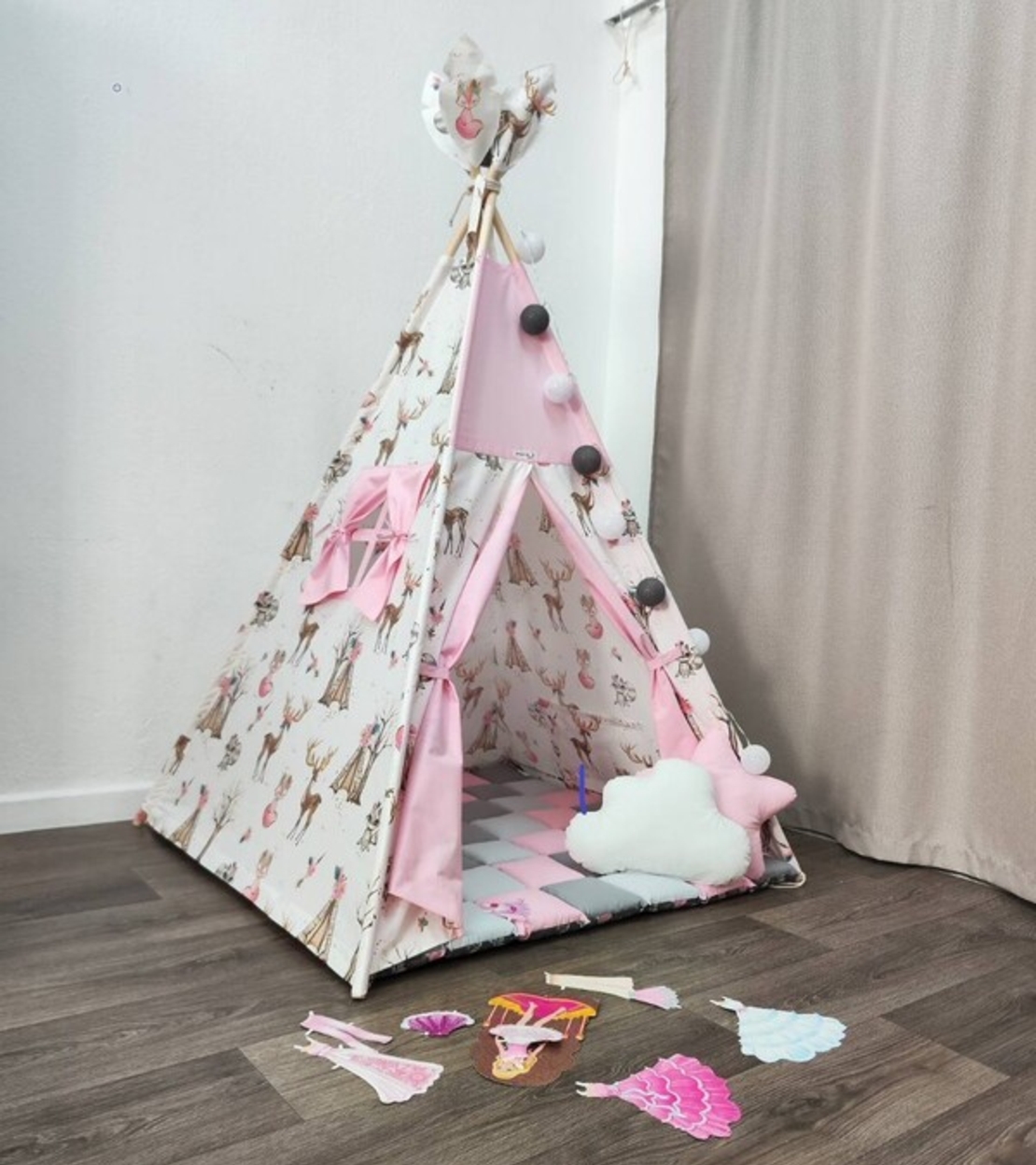 Детска палатка за момиче - Елени в гората в сиво