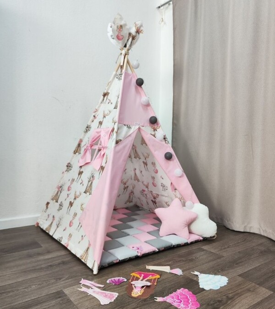 Детска палатка за момиче - Елени в гората в сиво