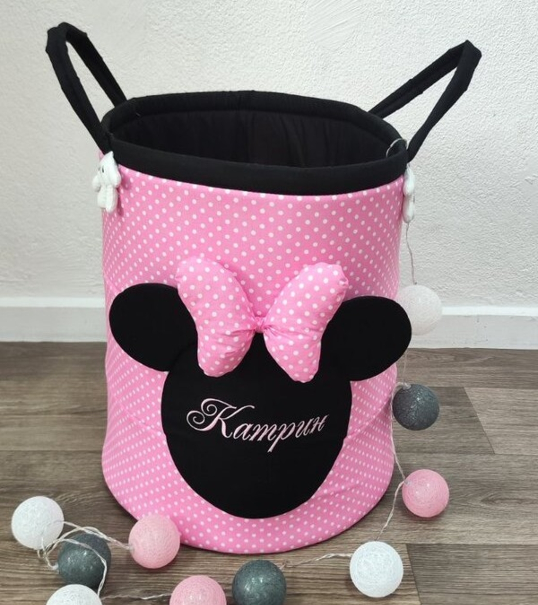 Персонализиран кош за играчки с име – Мини Маус в розово