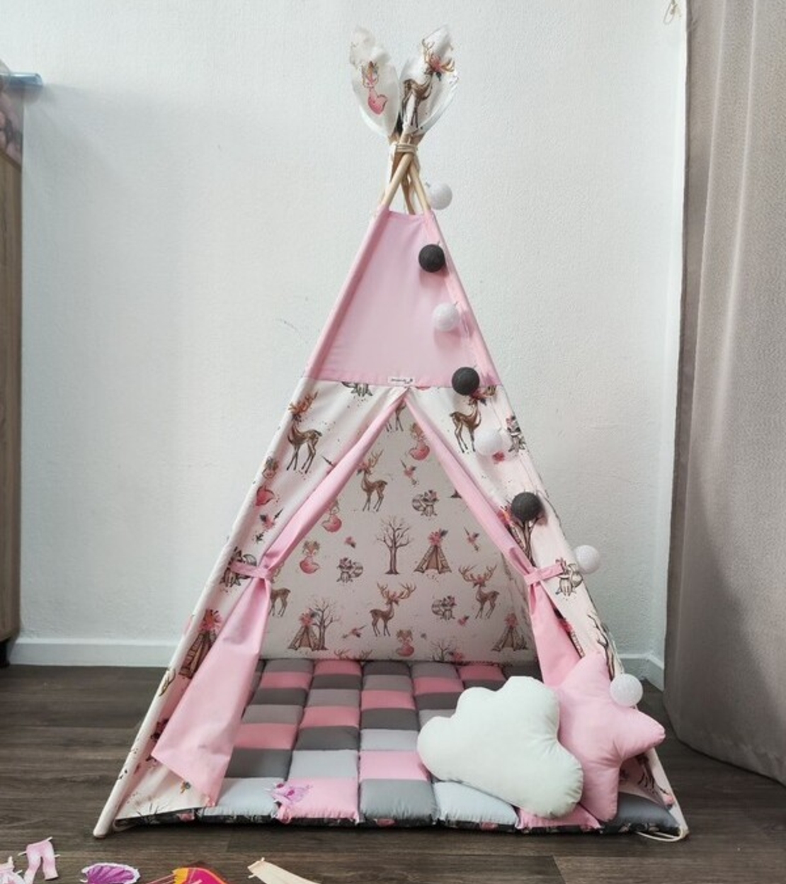 Детска палатка за момиче - Елени в гората в сиво