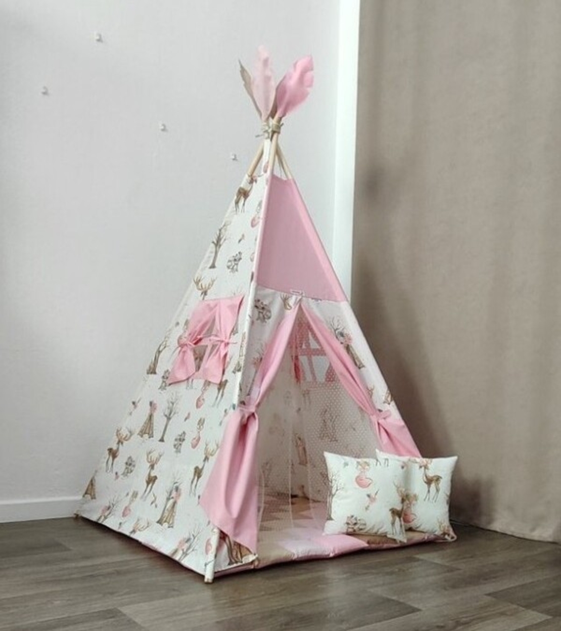 Детска палатка за момиче - Елени в гората в бежово