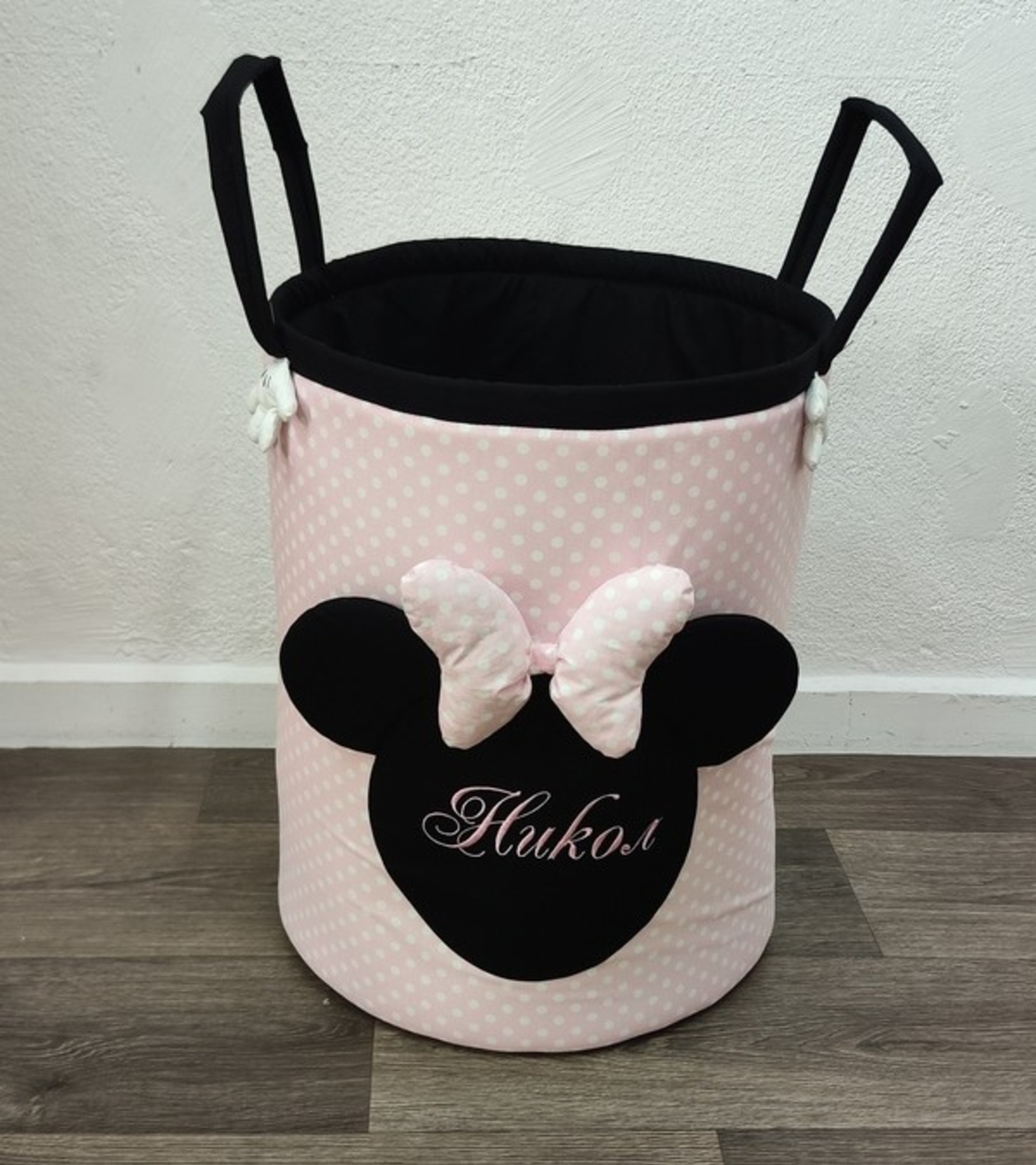 Персонализиран кош за играчки с име – Мини Маус в светло розово