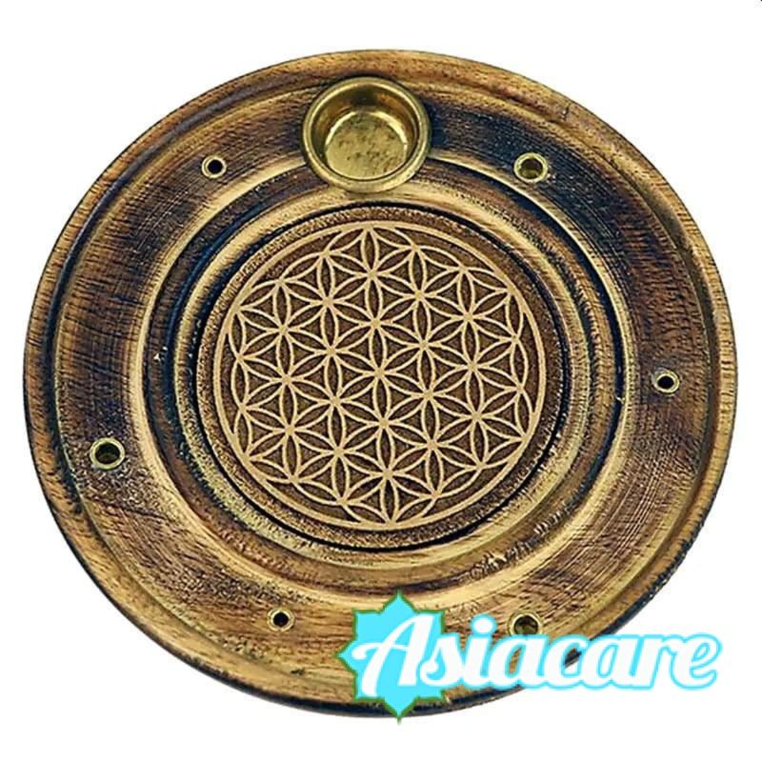 Цвете на живота: поставка за ароматни конуси и инсенс от гравирано мангово дърво