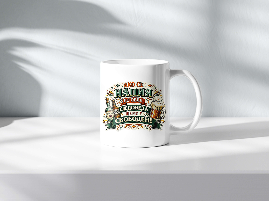 Чаша с надпис Ако се напия до обяд, следобеда ще ми е свободен